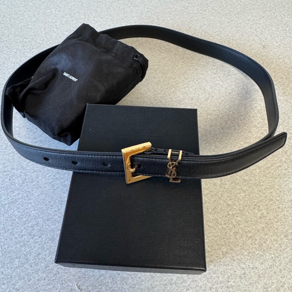 Yves Saint Laurent Black Leather Belt with Gold YSL Charm Buckle